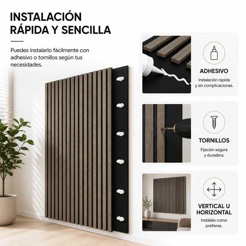 Panel Acústico MDF Efecto Madera Con Fieltro 240x60 Cm