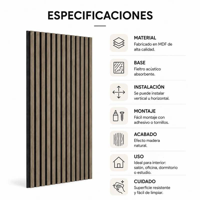 Panel Acústico MDF Efecto Madera Con Fieltro 240x60 Cm