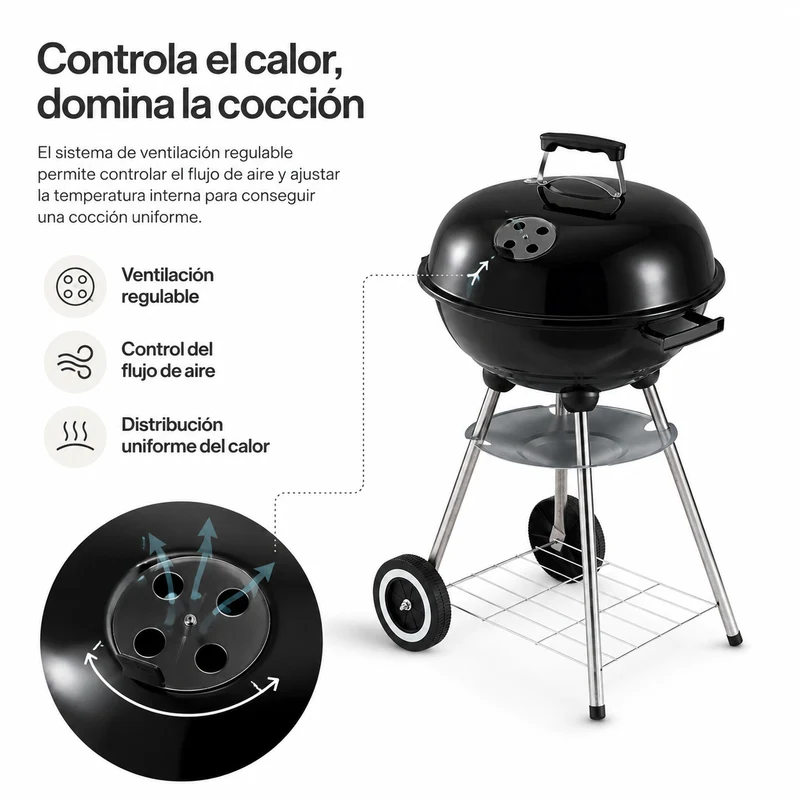 Barbacoa de Carbón Redonda Portátil con Tapa y Ventilación