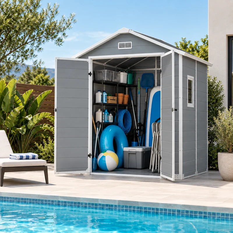 Caseta de jardín XL de resina 6x5" con ventana, doble puerta, ventilación y cierre de seguridad