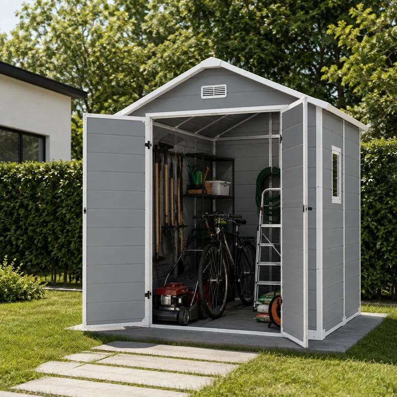 Caseta de jardín grande de resina 6x4" con doble puerta, ventana y ventilación integrada