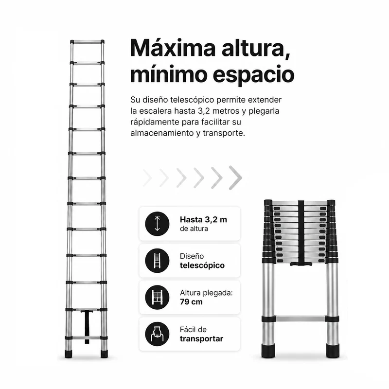 Escalera Telescópica Plegable 3,2 m Peldaños Antideslizantes
