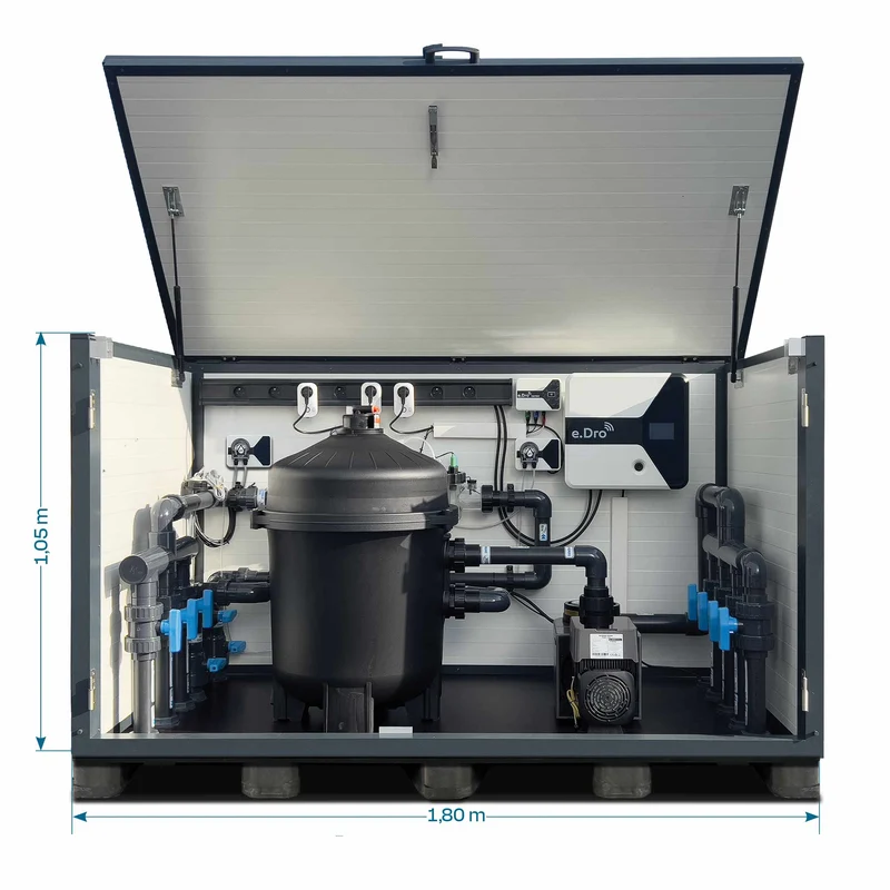 Abri Filtre 2.0 : local technique piscine hors-sol équipé au chlore liquide