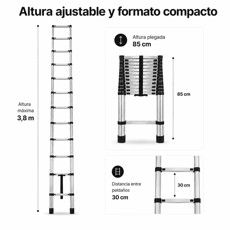 Escalera Telescópica De Aluminio Plegable 3,8 m