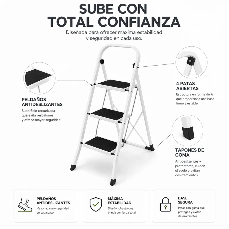 Escalera plegable con superficie antideslizante de 3 peldaños