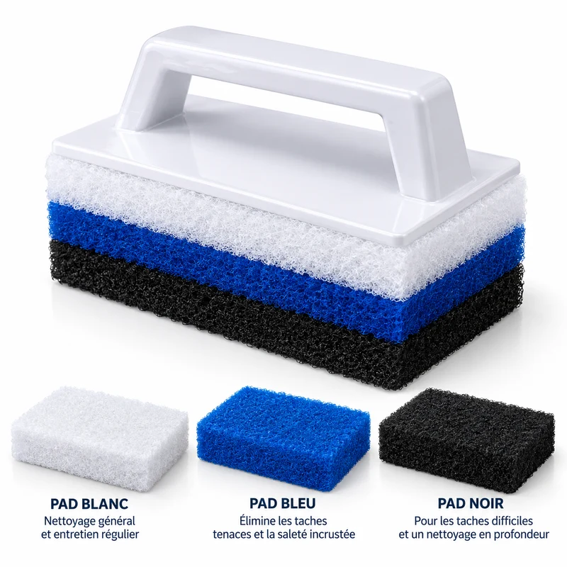 Brosse récurante pour spa avec 3 tampons interchangeables