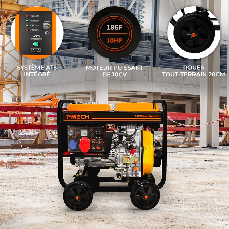 T-Mech Générateur à Diesel Triphasé à Cadre Ouvert - 5 000 W