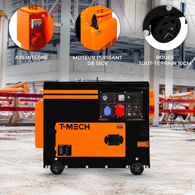 T-Mech Générateur à Diesel Triphasé 400 V - 6 500 W