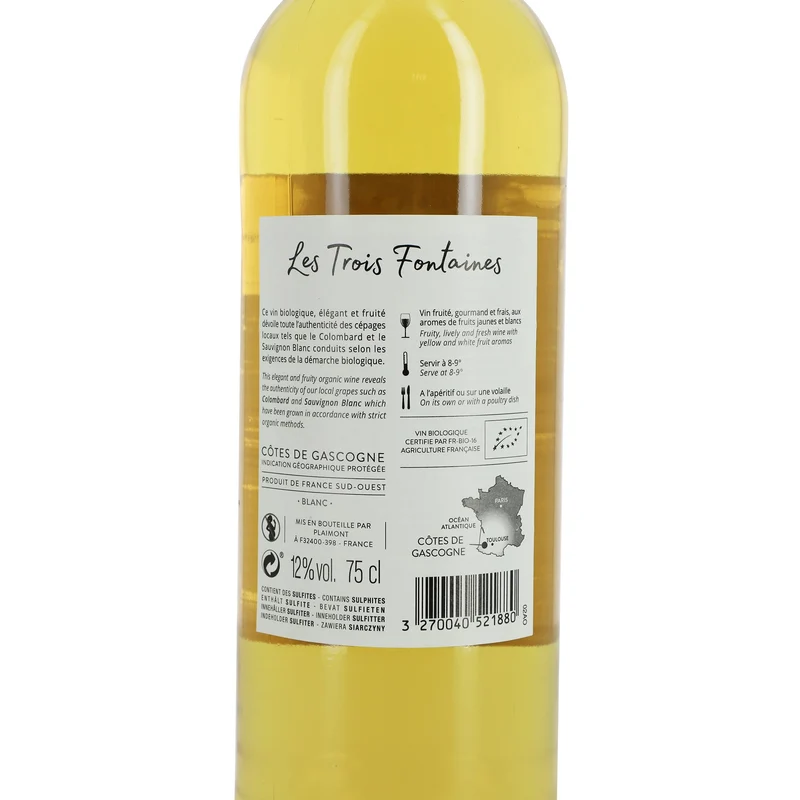 Les trois fontaines igp Côtes de Gascogne 2018 12% bio