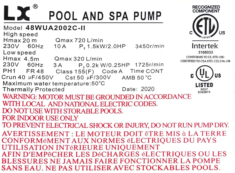 Pompe de spa LX 48WUA2002C-II – 230 V, 2 vitesses, 48 Frame