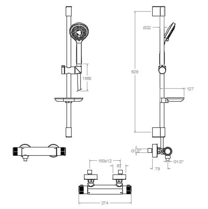 Ramon Soler - Grifo de ducha termostático Termotech con equipo de ducha cromo