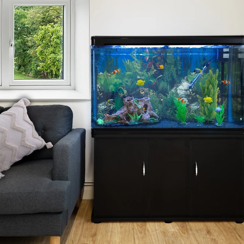 Aquarium Noir, Meuble de Support & Gravier Bleu