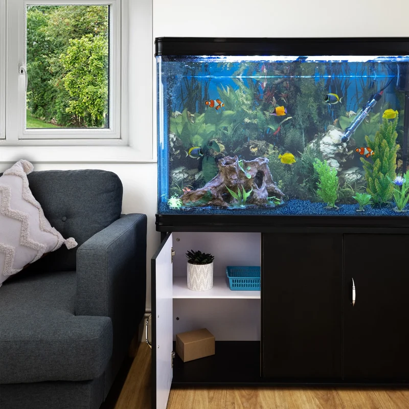 Aquarium Noir, Meuble de Support & Gravier Bleu