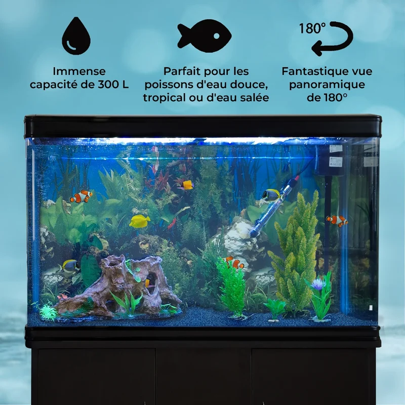 Aquarium Noir, Meuble de Support & Gravier Bleu