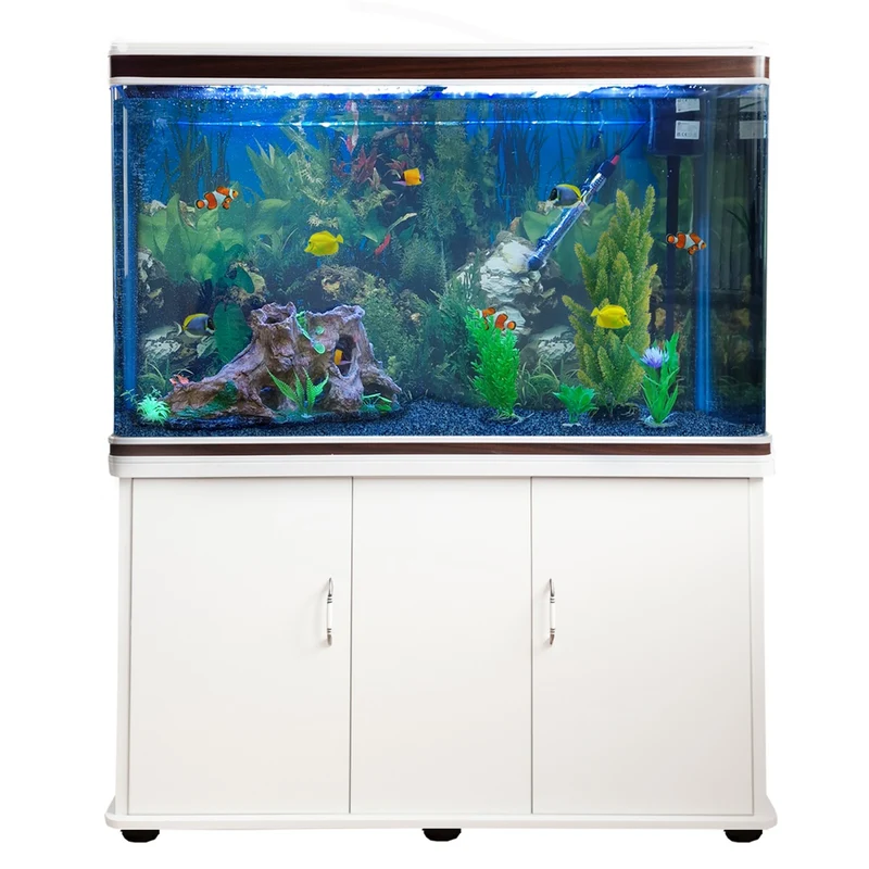 Aquarium Blanc, Meuble de Support & Gravier Bleu