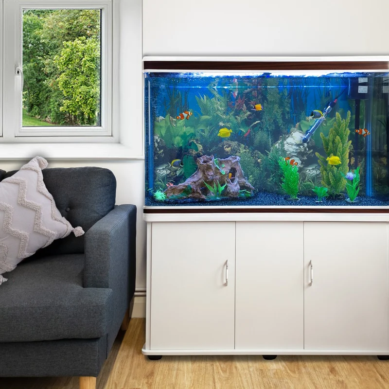 Aquarium Blanc, Meuble de Support & Gravier Bleu