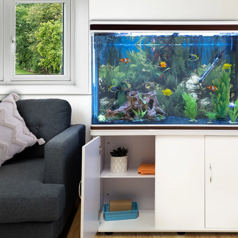 Aquarium Blanc, Meuble de Support & Gravier Bleu