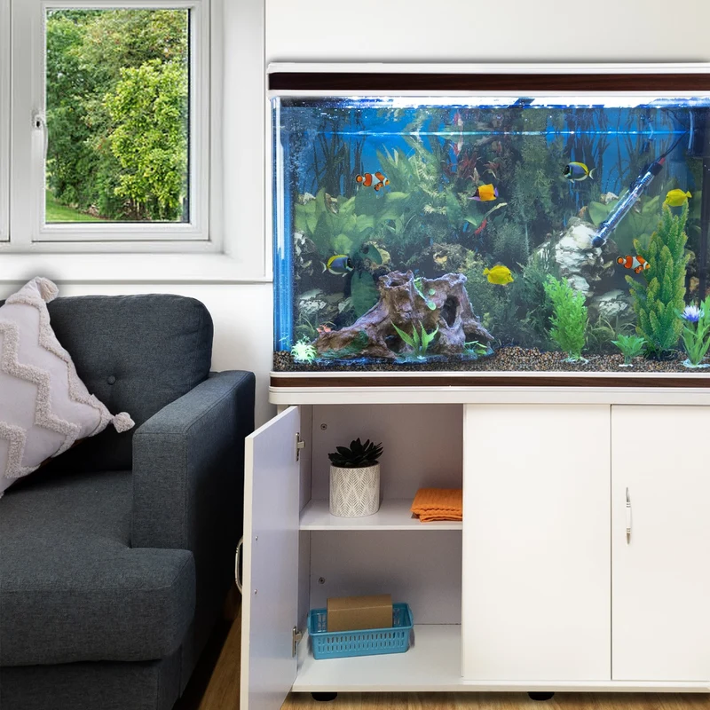 Aquarium Blanc, Meuble de Support & Gravier Naturel