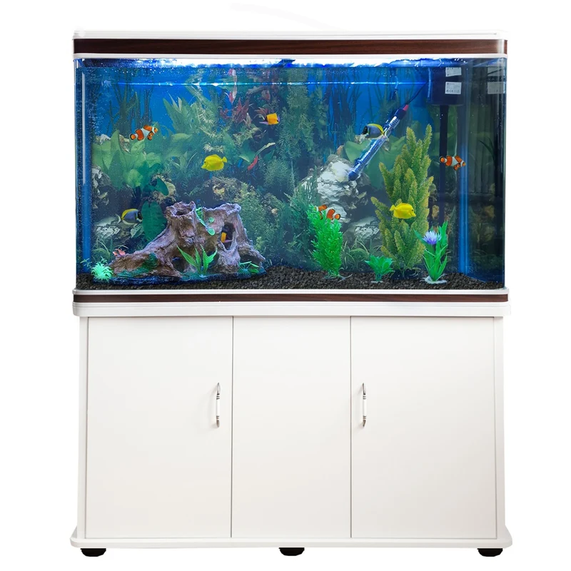 Aquarium Blanc, Meuble de Support & Gravier Noir