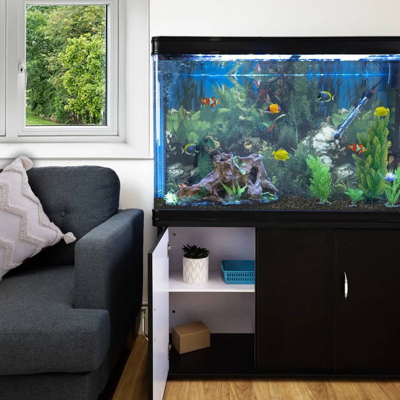Aquarium Noir, Meuble de Support & Gravier Noir