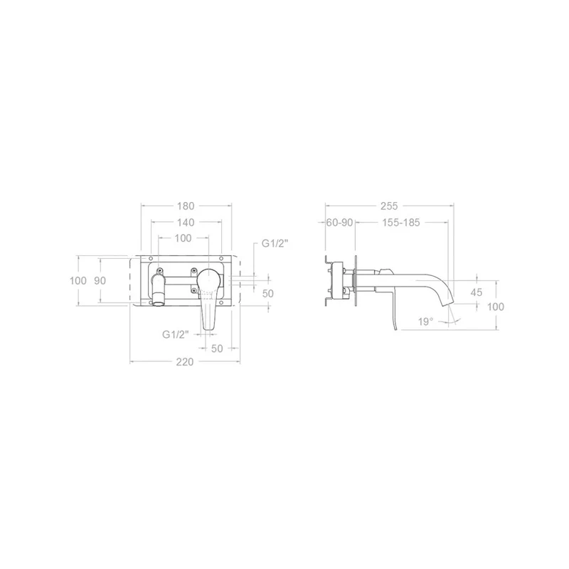 Ramon Soler - Grifo de lavabo empotrado mural monomando Ypsilon Plus con placa y caño 19 cm cromo