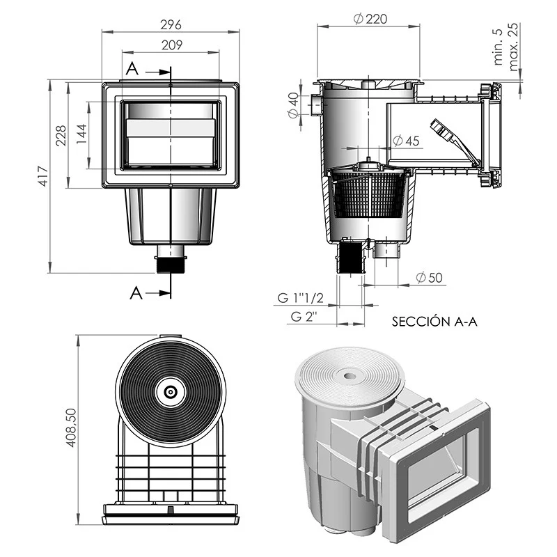 Skimmer AstralPool 15 L boca estándar para liner tapa circular 01461