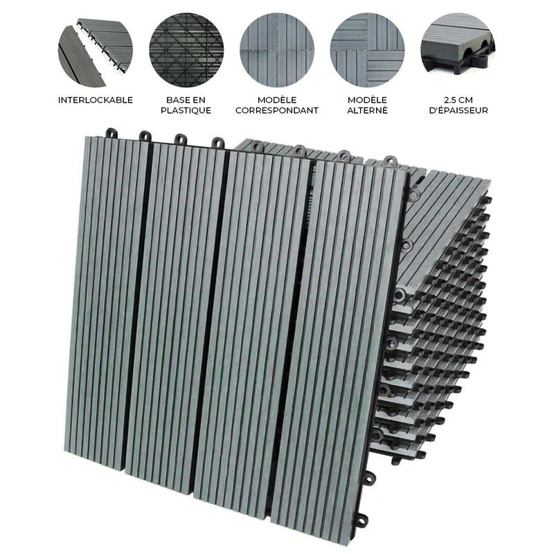 66 Dalles en Bois Composite Gris 30 x 30 cm