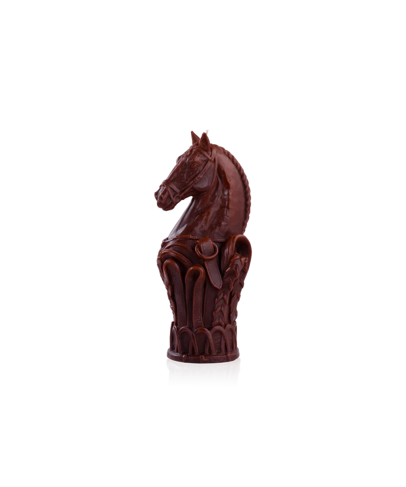 Rêve Equestre Bougie sculptée cavalier d'échec cuir brun