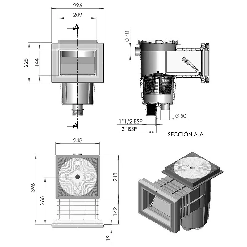 Skimmer AstralPool 15 L boca estándar para liner tapa cuadrada 01462