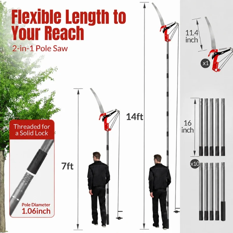 2-in-1 Tree Trimmer with Saw & Pruning Scissors, 14FT Extendable Handle
