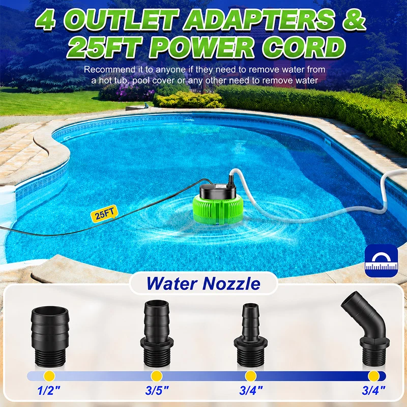 Pool Cover Pump Above Ground with 16ft Hose & 4 Adapters
