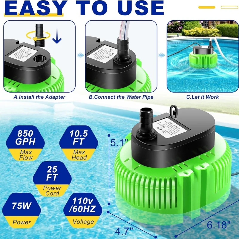 Pool Cover Pump Above Ground with 16ft Hose & 4 Adapters
