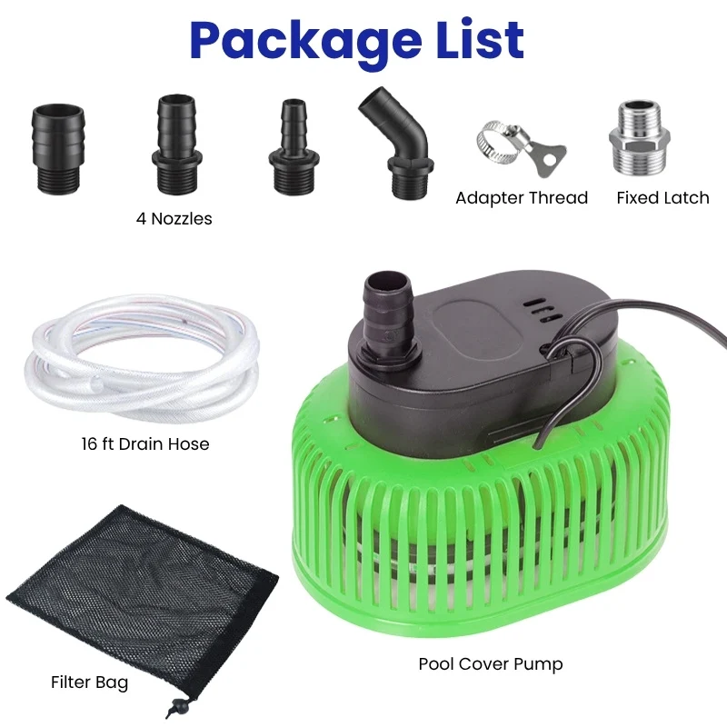 Pool Cover Pump Above Ground with 16ft Hose & 4 Adapters