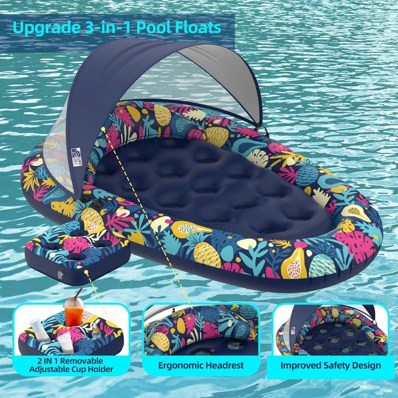 3-in-1 Pool Floats with Removable Canopy UPF50+ & Cup Holder