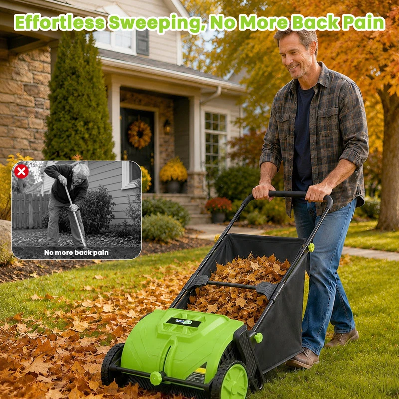 22-Inch Push Lawn Sweeper & Leaf Collector with 100L Hopper