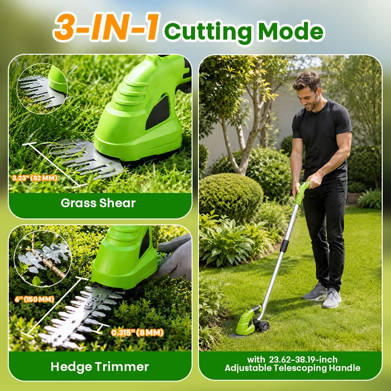 3-in-1 Cordless Hedge Trimmer & Grass Shear with Wheeled Extension Pole