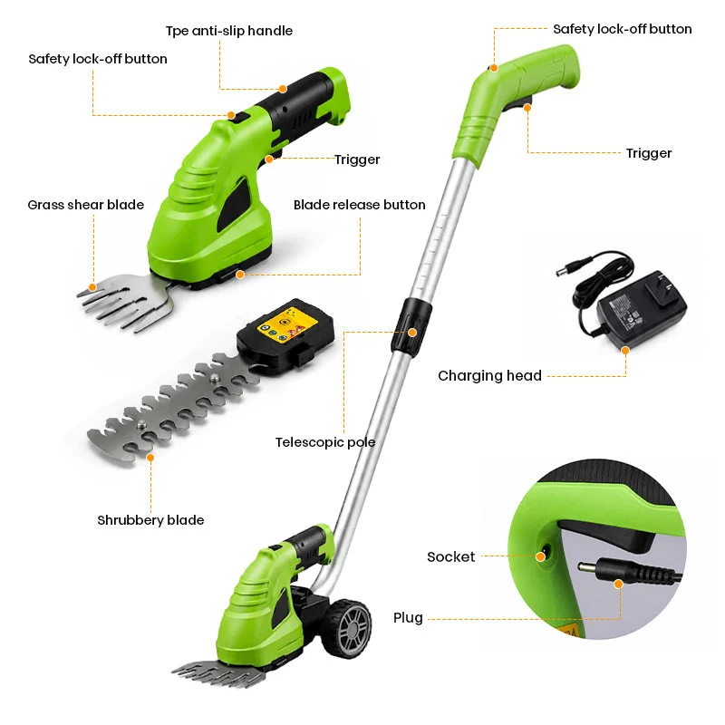 3-in-1 Cordless Hedge Trimmer & Grass Shear with Wheeled Extension Pole