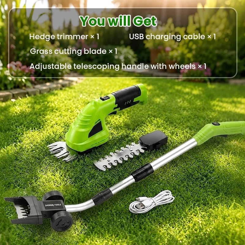 3-in-1 Cordless Hedge Trimmer & Grass Shear with Wheeled Extension Pole