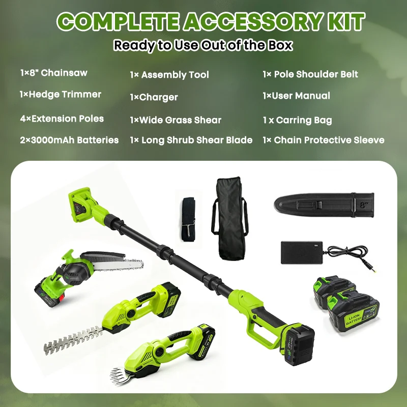 6-In-1 Cordless Hedge, Trimmer, Chainsaw with Extension Pole