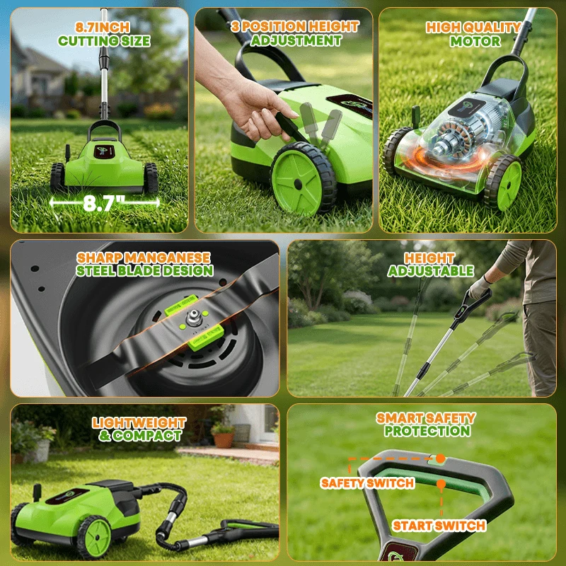 8.7-Inch Small Electric Lawn Mower for Yards & Gardens
