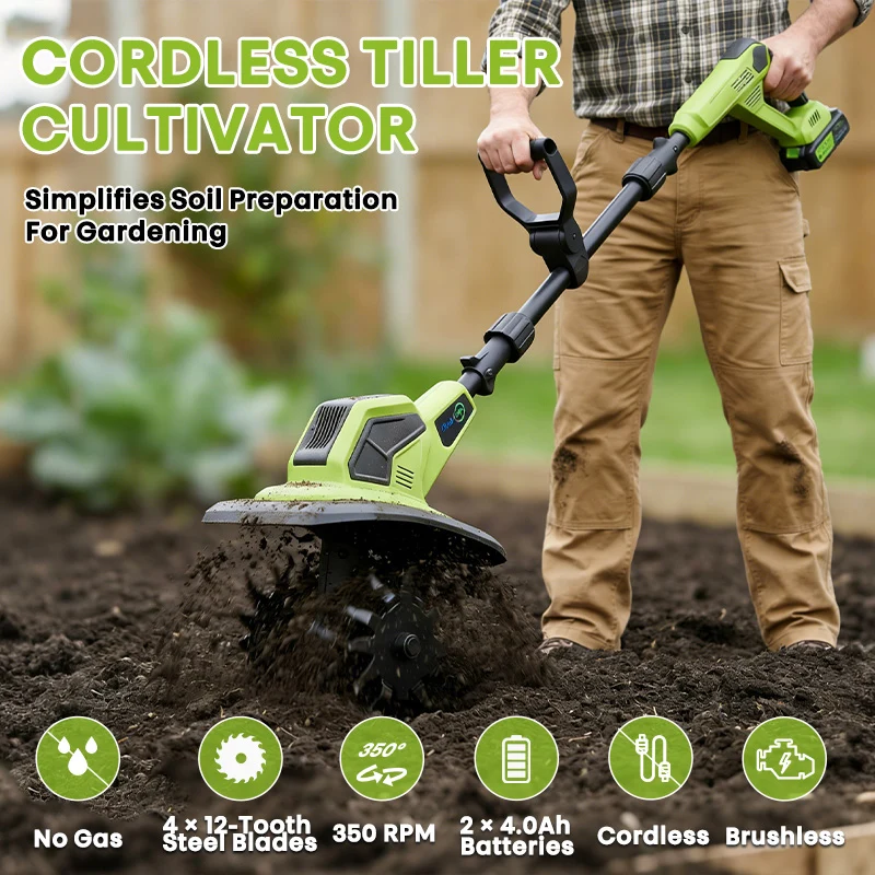350RPM Cordless Tiller Cultivator for Lawn/Gardening/Soil Cultivation