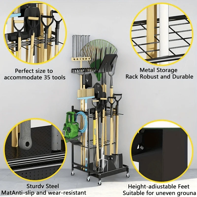 Garden Tool Organizer on Wheels with 8 Hooks