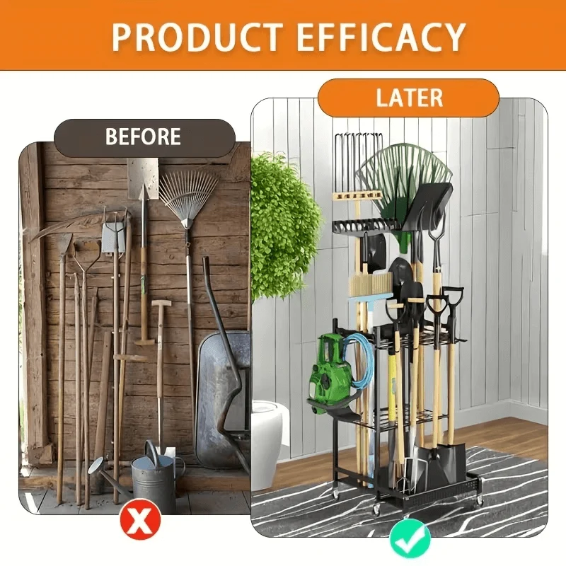 Garden Tool Organizer on Wheels with 8 Hooks