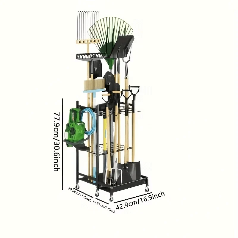 Garden Tool Organizer on Wheels with 8 Hooks
