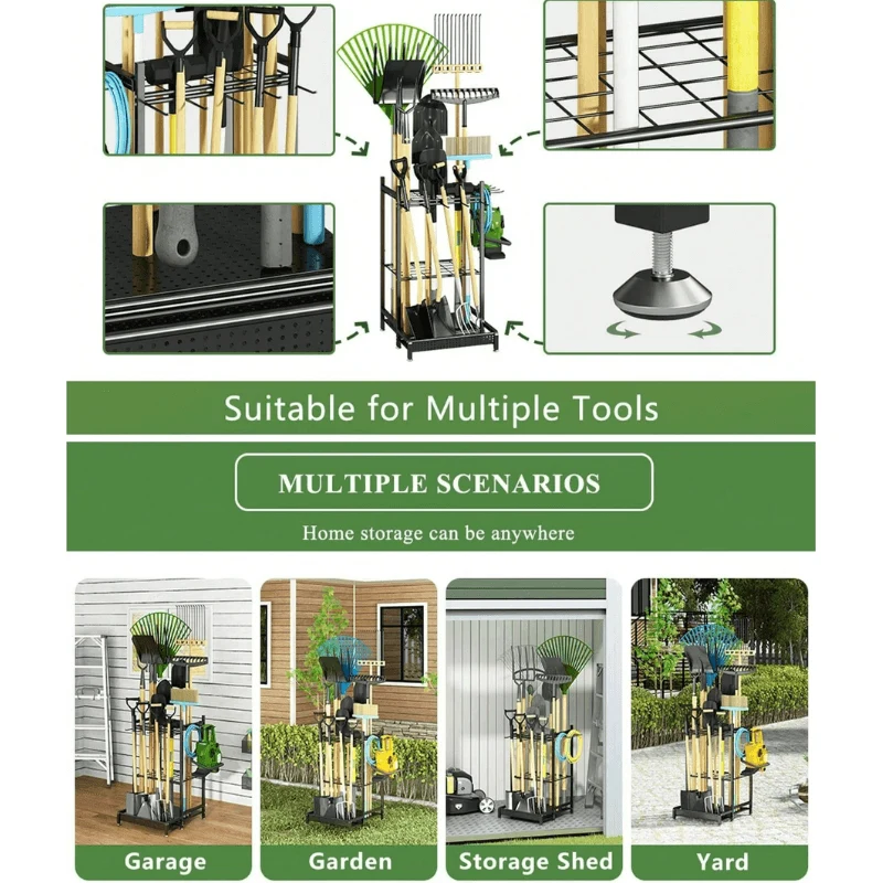 Garden Tool Organizer on Wheels with 8 Hooks