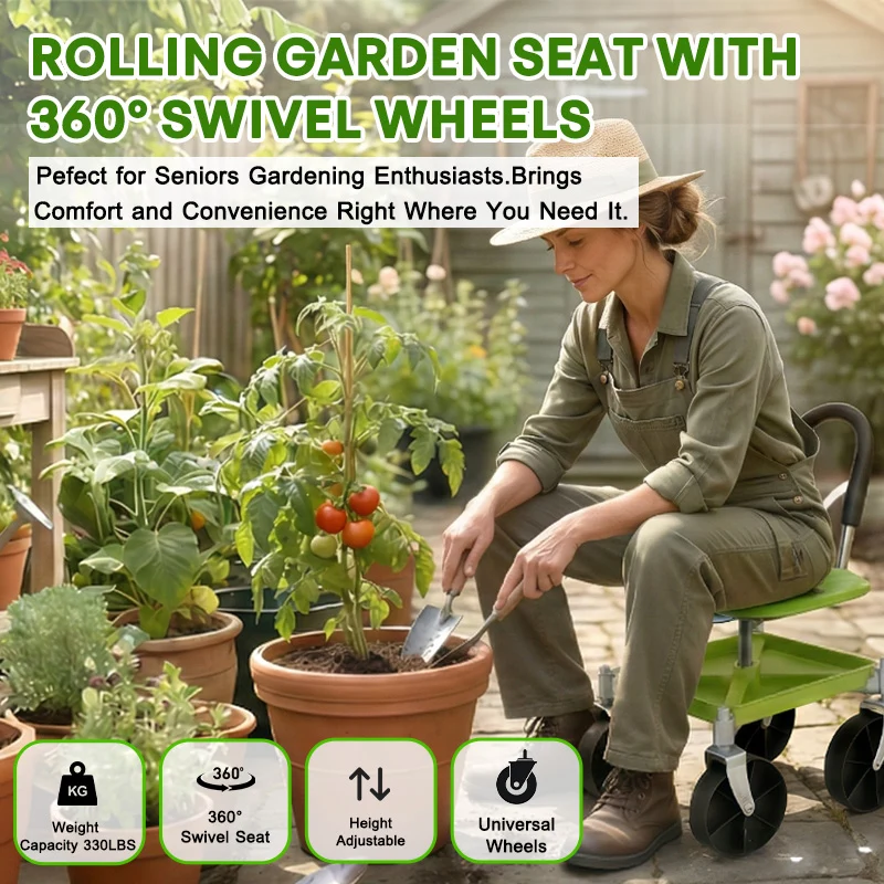 Garden Rolling Cart Seat with 360° Universal Wheels