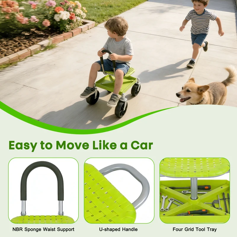 Garden Rolling Cart Seat with 360° Universal Wheels