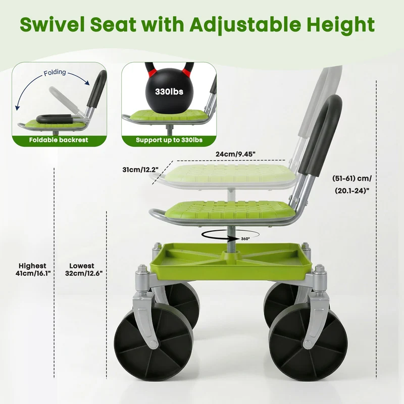 Garden Rolling Cart Seat with 360° Universal Wheels