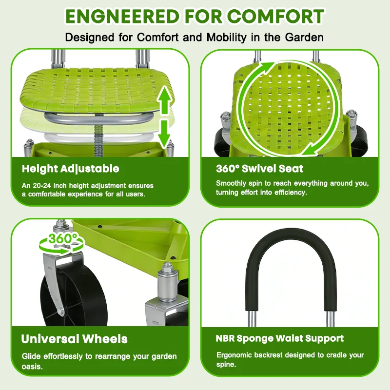 Garden Rolling Cart Seat with 360° Universal Wheels
