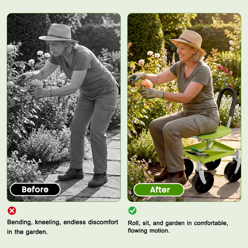 Garden Rolling Cart Seat with 360° Universal Wheels